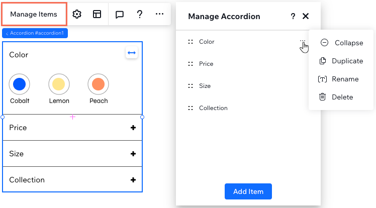Capture d'écran du panneau Gérer Accordéon où vous pouvez ajouter, renommer, dupliquer, supprimer et réorganiser des éléments