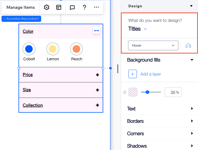 Screenshot del pannello Ispezione, in cui puoi progettare il design dell'elemento Fisarmonica