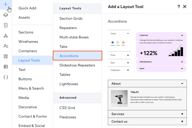 I design della Fisarmonica disponibili nel pannello Aggiungi elementi nell'Editor Studio