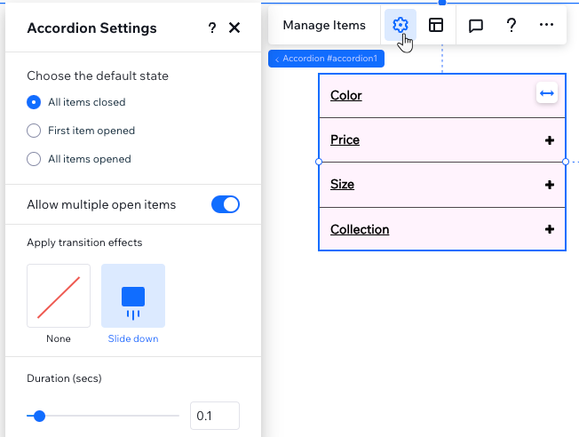 Uma captura de tela do painel Configurações da sanfona, onde você pode definir como ele abre e fecha