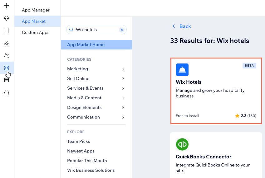 O App Market no Editor do Wix Studio, mostrando o resultado da busca do Wix Hotels em que você deve clicar para adicionar o aplicativo