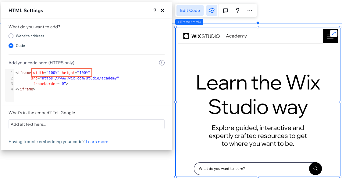 Editar código incrustado en el Editor de Wix Studio, cambiar el ancho y la altura en el código al 100%