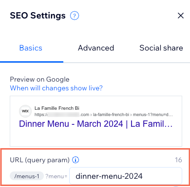 The SEO Settings panel of a dinner menu, setting the query param to dinner-menu-2024