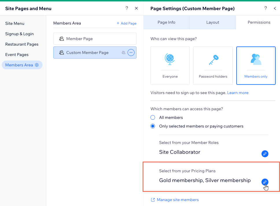 Changing a page's permissions to Members only in the Wix Editor, limited to 2 specific pricing plans