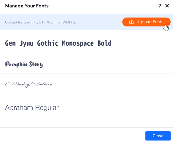 Figma'da kullandığınız özel yazı tiplerini yükleyebileceğiniz, Wix Studio'daki Yazı Tiplerinizi Yönetin paneli