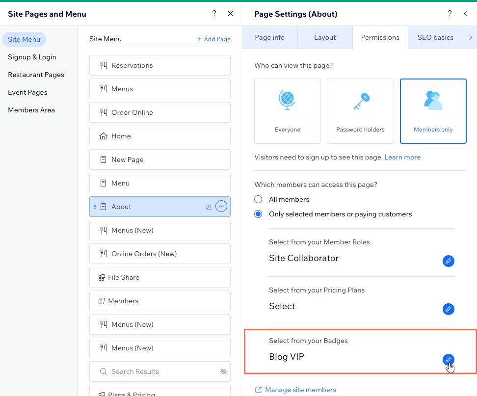 Changing a page's permissions to Members only in the Wix Editor, limited to a specific badge