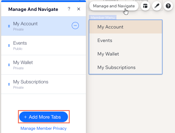 A screenshot of the Manage and Navigate panel in Wix Editor, clicking the button to add more tabs to the member menu