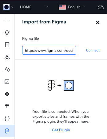 Uma captura de tela do painel Importar do Figma no Editor do Wix Studio, após colar o link do Figma