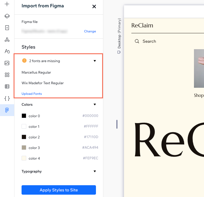 The Import from Figma panel in the Studio Editor when importing styles, highlighting a missing fonts error