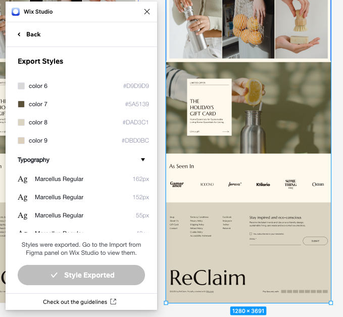 Captura de pantalla de Figma, que muestra el complemento de Wix Studio una vez que terminan de exportar los estilos desde el diseño