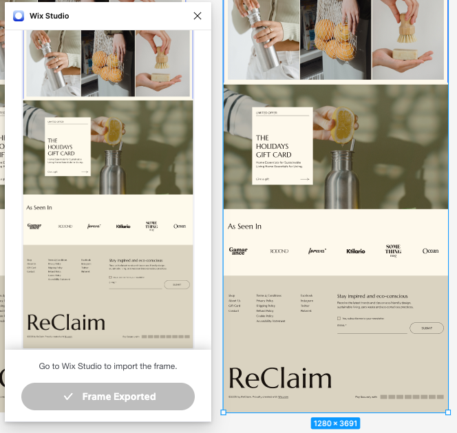 Screenshot di Figma, che mostra il plugin di Wix Studio una volta terminata l'esportazione del frame