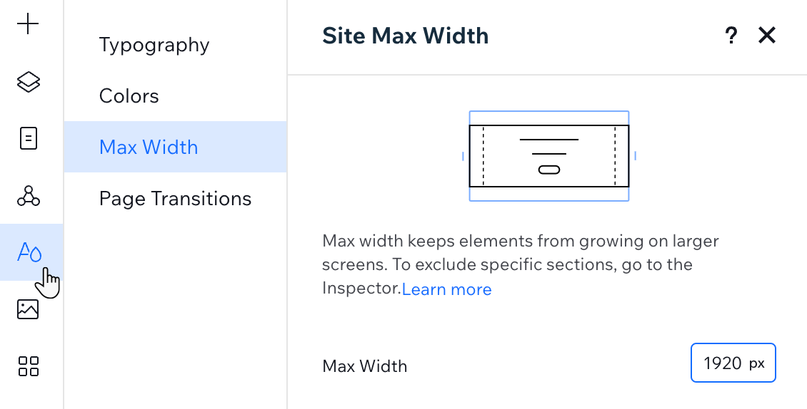 The Max Width tab in the Site Styles panel in the Studio Editor, entering a new width in pixels