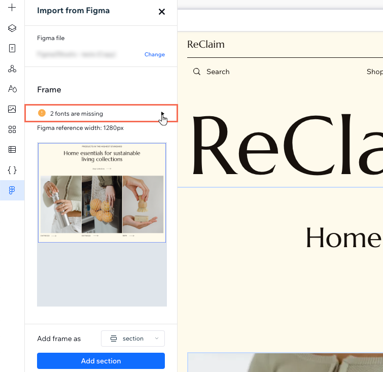 The Import from Figma panel in the Studio Editor when importing styles, highlighting a missing fonts error