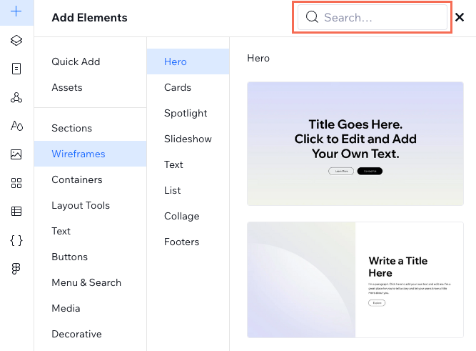 A screenshot of the Add Elements panel open, showing the Wireframes category and highlighting the panel's search bar