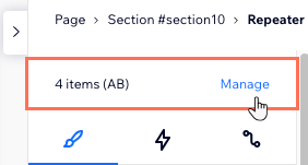 Uma captura de tela da parte superior do painel Inspetor no Editor do Wix Studio, clicando no botão Gerenciar para gerenciar itens do repetidor