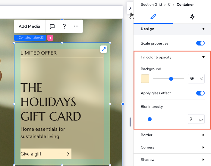 Um contêiner no Editor do Wix Studio e no painel Inspetor, aplicando o efeito de vidro