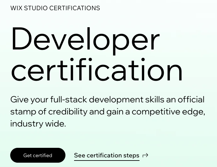 Uma captura de tela da página de certificação de desenvolvedor na Wix Studio Academy, onde você inicia o processo de certificação