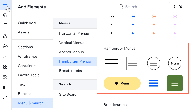 Os designs do menu hambúrguer disponíveis no painel Elementos no Editor do Wix Studio