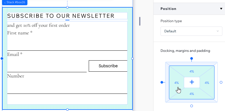 Se agrega un relleno del 4% a todos los lados de un elemento de la pila en el Editor de Wix Studio