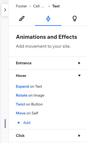 Capture d'écran de la liste Interactions d'une zone de texte, le survol de la zone de texte déclenche des animations dans 3 autres éléments