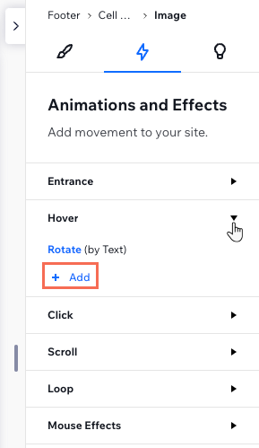 The Animations and Effects tab in the Inspector panel, adding a new hover animation