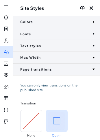 A screenshot of the Site Styles panel with the Page Transitions section open, selecting the Out-In transition