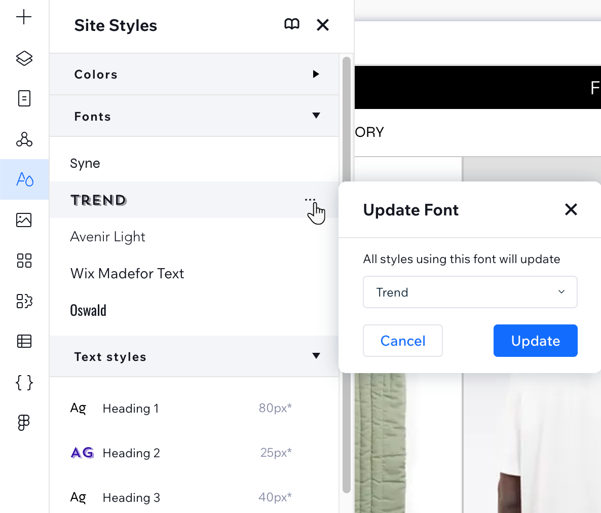 Clicking a site font in the Site Styles panel to update it