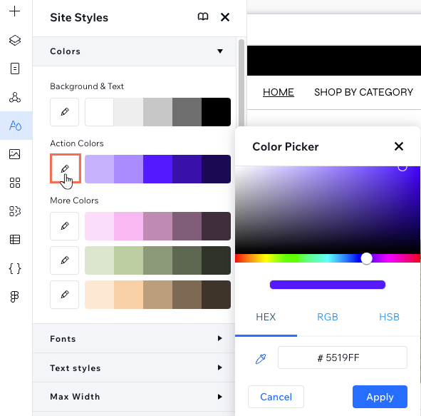 Clicking the icon below Action Colors to edit the color range