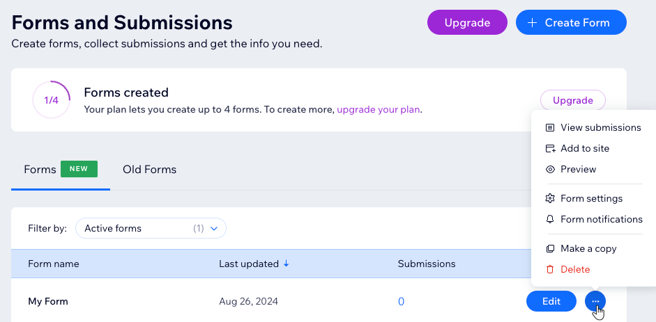 The Forms and Submissions dashboard for the new Wix Forms, showing the form management options