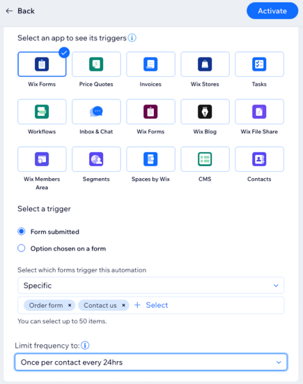 Defining the 'form submitted' trigger for new Wix Forms, selecting 2 specific forms and limiting the frequency