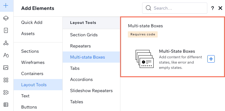 Das „Elemente hinzufügen“-Panel ist geöffnet. Das Element der Multistatus-Box ist hervorgehoben.