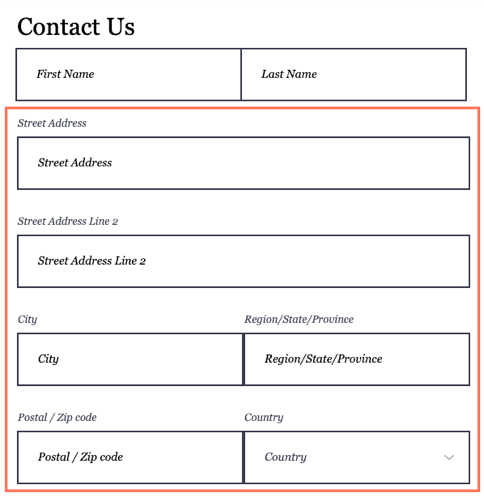 An example of a multi-line address field in a Wix Form, every field shows placeholder text