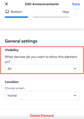 A screenshot of the Customize Element screen in the branded app, highlighting the visibility drop-down