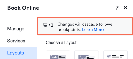 Uma captura de tela do painel de configurações do elemento Agendamento online, mostrando o ícone de breakpoint indicando que as alterações são replicadas