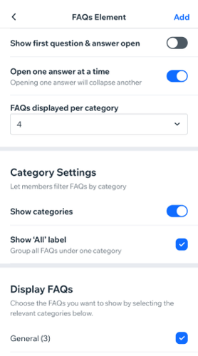 Screenshot che mostra le Impostazioni generali dell'elemento FAQ nell'app Wix.