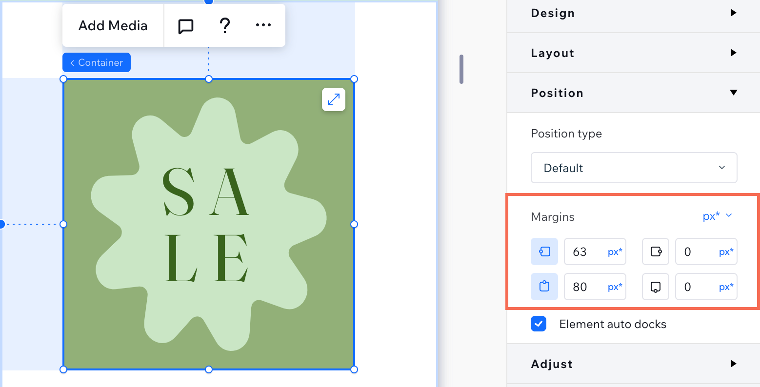 A container in the editor and the Inspector panel, highlighting the Margins area of the panel