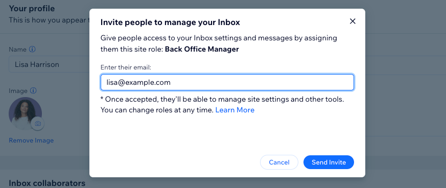 A screenshot of the pop-up where you enter your collaborator's email to invite them to manage your inbox