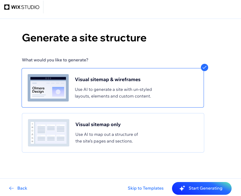 The screen where you choose between a visual sitemap only or a visual sitemap and wireframes