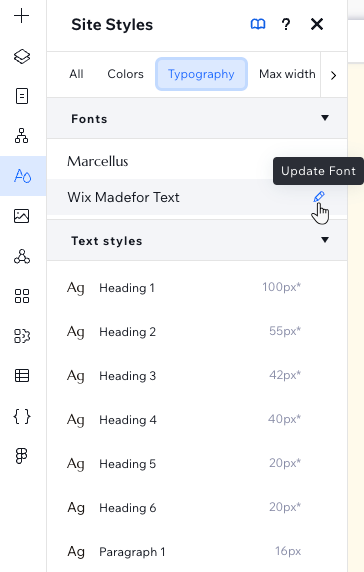 The Typography tab in the Site Styles panel, showing the Fonts and Text styles section, hovering over a font to update it