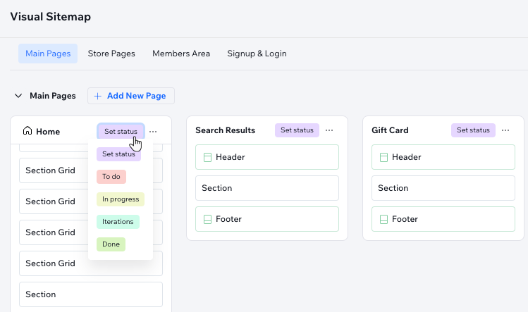 A screenshot of the Visual Sitemap panel, selecting a status for the Home page