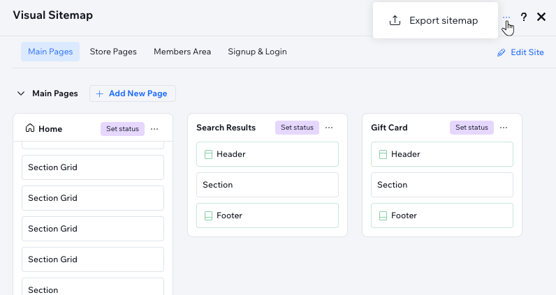 A screenshot of the Visual Sitemap panel, clicking the More Actions icon to export the sitemap