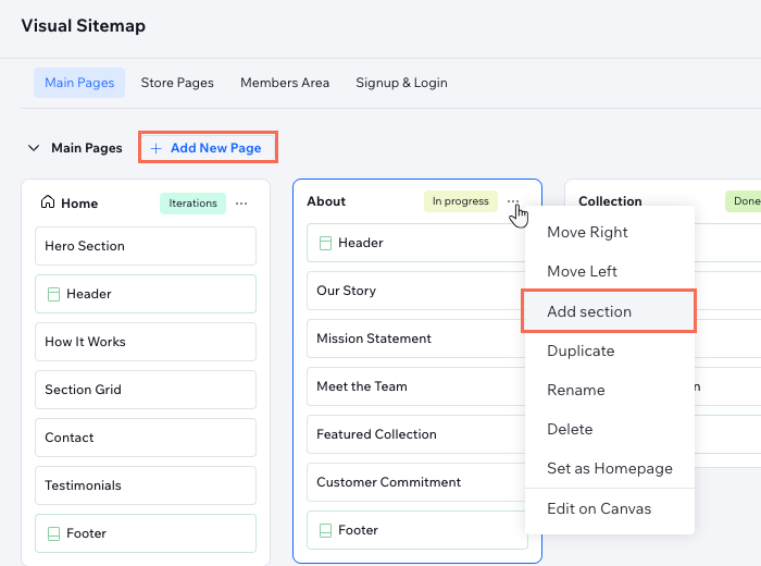 A screenshot of the visual sitemap, showing the options to add a page and a section