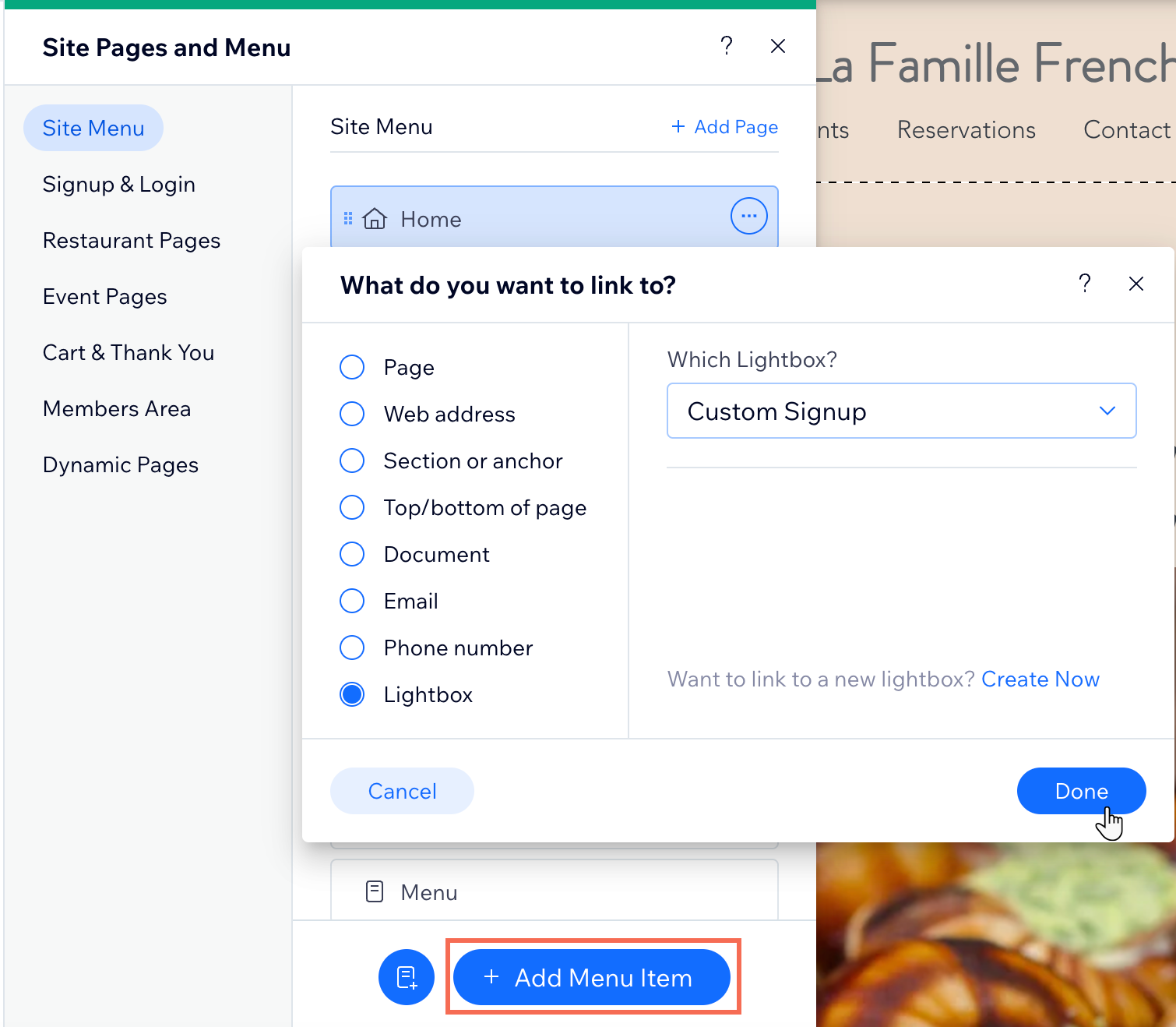 Um link para uma seção está sendo adicionado como um link em um menu.