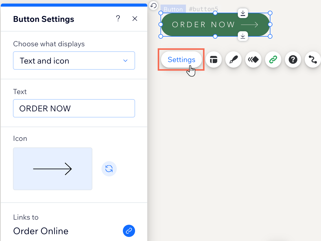 A screenshot of a text and icon button in Wix Editor, next to the Button Settings panel