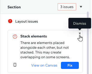 A screenshot of a layout issue found by the Responsive Checker, hovering over the x icon to dismiss it