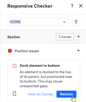 A screenshot of a dismissed issue in the Responsive Checker, clicking Restore