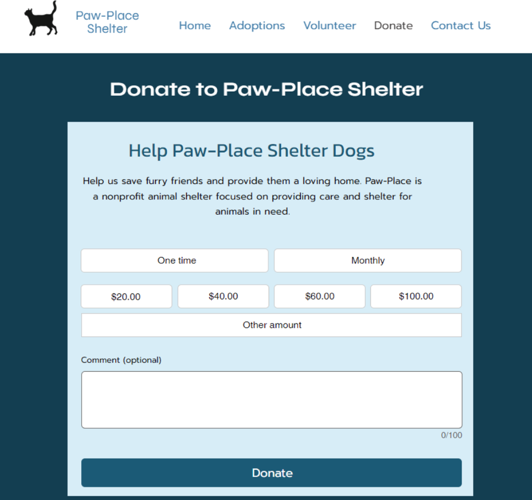 Screenshot della pagina delle donazioni su un sito web per un rifugio per animali con Donazioni Wix