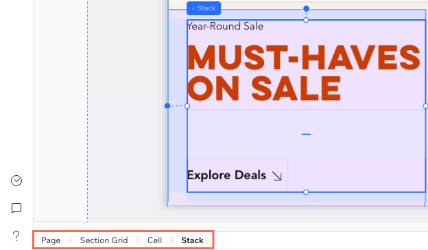 Screenshot della barra breadcrumb nell'Editor Studio, che mostra un elemento Pila selezionato e la sua gerarchia completa