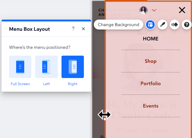 A screenshot of the mobile editor, resizing the menu container after positioning it on the left or right