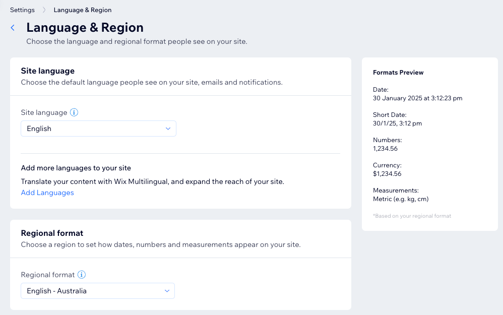 Uma captura de tela das configurações de idioma e região de um site e a visualização no painel de controle.